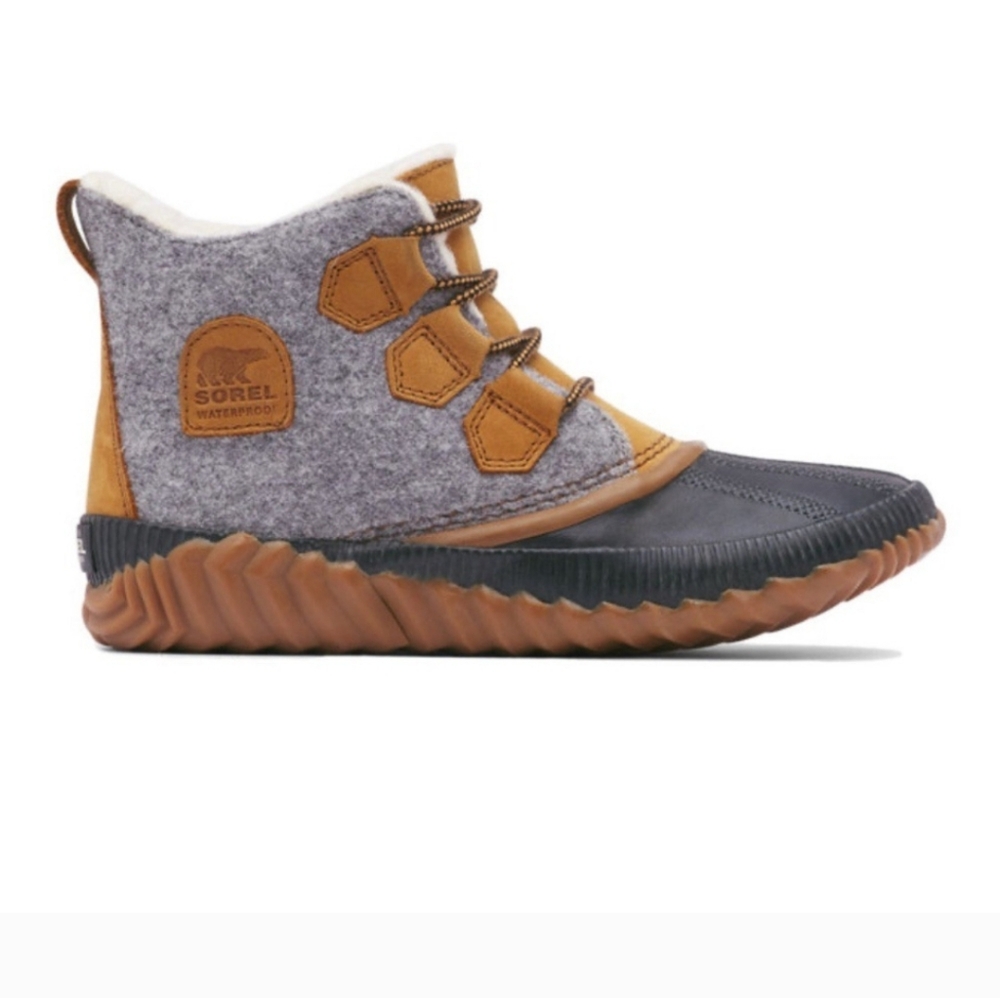 Sorel Out N About Boot Sz 10.5 Gray Leather Felt Faux Shearling Waterproof